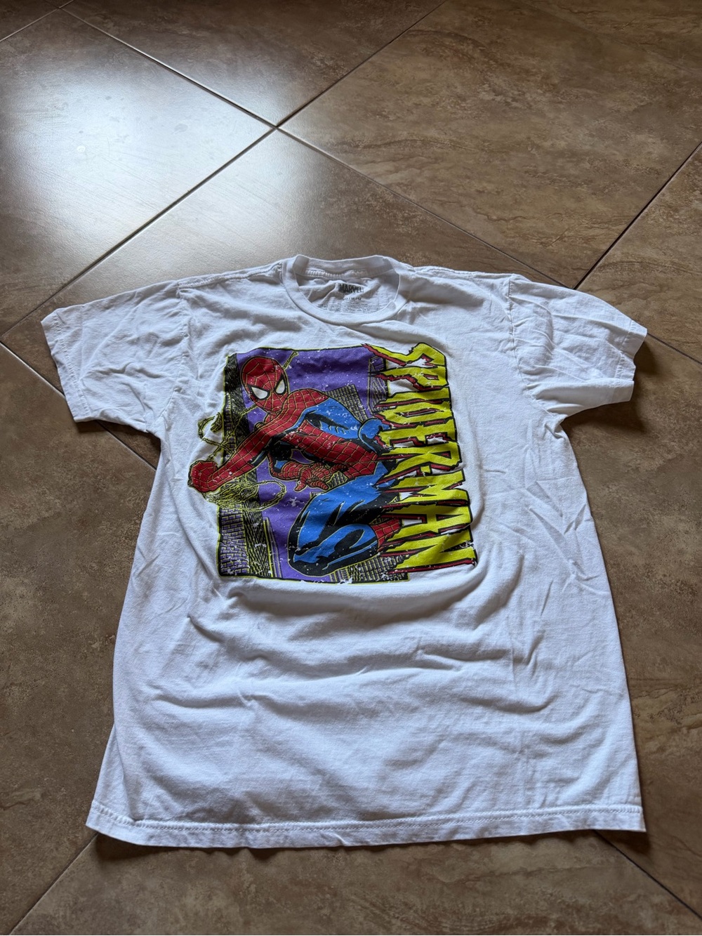 Marvel White Short Sleeve Spider-Man Graphic Tee with Red, Blue & Yellow Print
